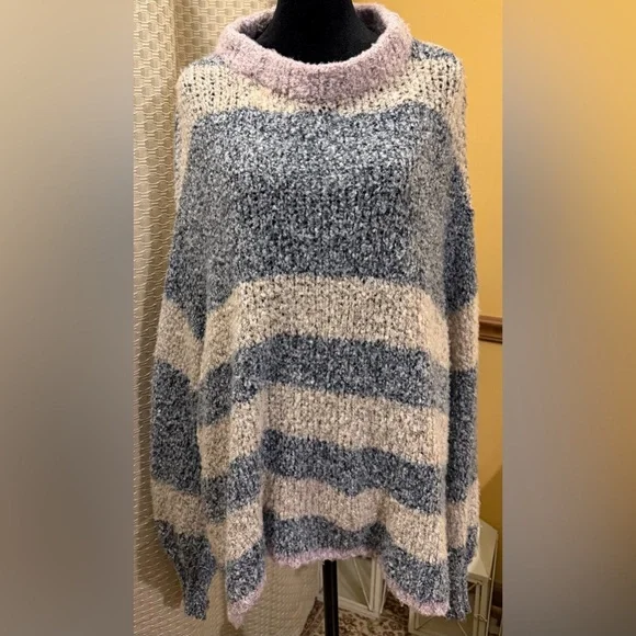 Free People BRB Blue Tan Oversized Side Slit Striped Tunic Sweater - Picture 2 of 8